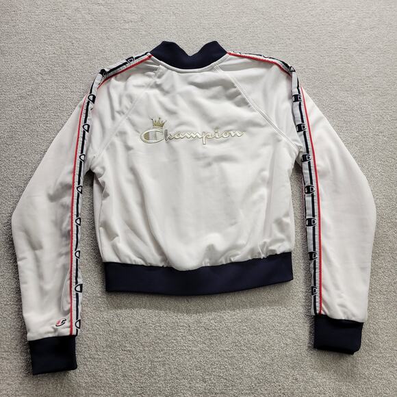 Champion Cropped Track Jacket Women’s Small White Logo Tape Sleeves - Picture 2 of 11